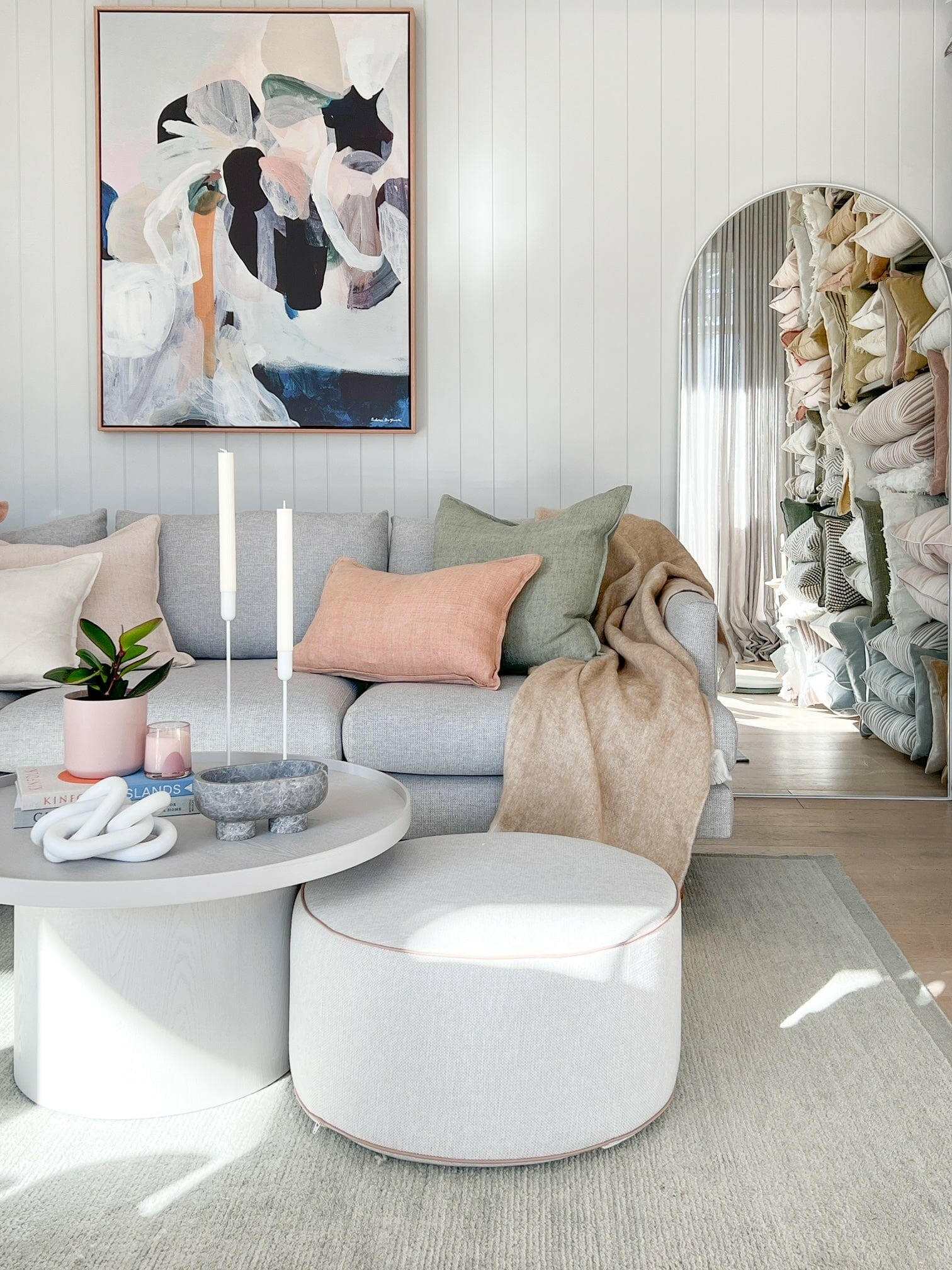Modern living room featuring Prudence De Marchi's abstract art canvas print 