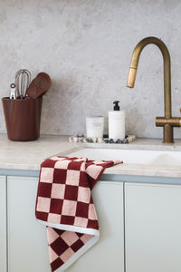 norsu STUDIO Cotton Tea & Hand Towel – Burgundy & Blush Checkerboard