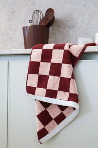 norsu STUDIO Cotton Tea & Hand Towel – Burgundy & Blush Checkerboard