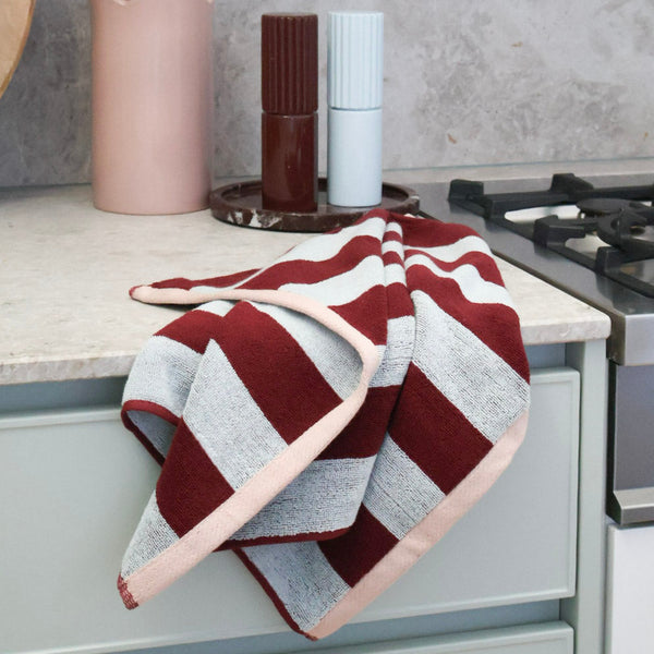 norsu STUDIO Cotton Tea & Hand Towel – Blue & Burgundy Stripe