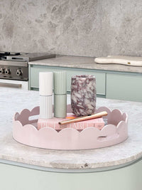 norsu Studio Salt & Pepper Grinders in sage green with rubber wood body and gloss finish on kitchen countertop