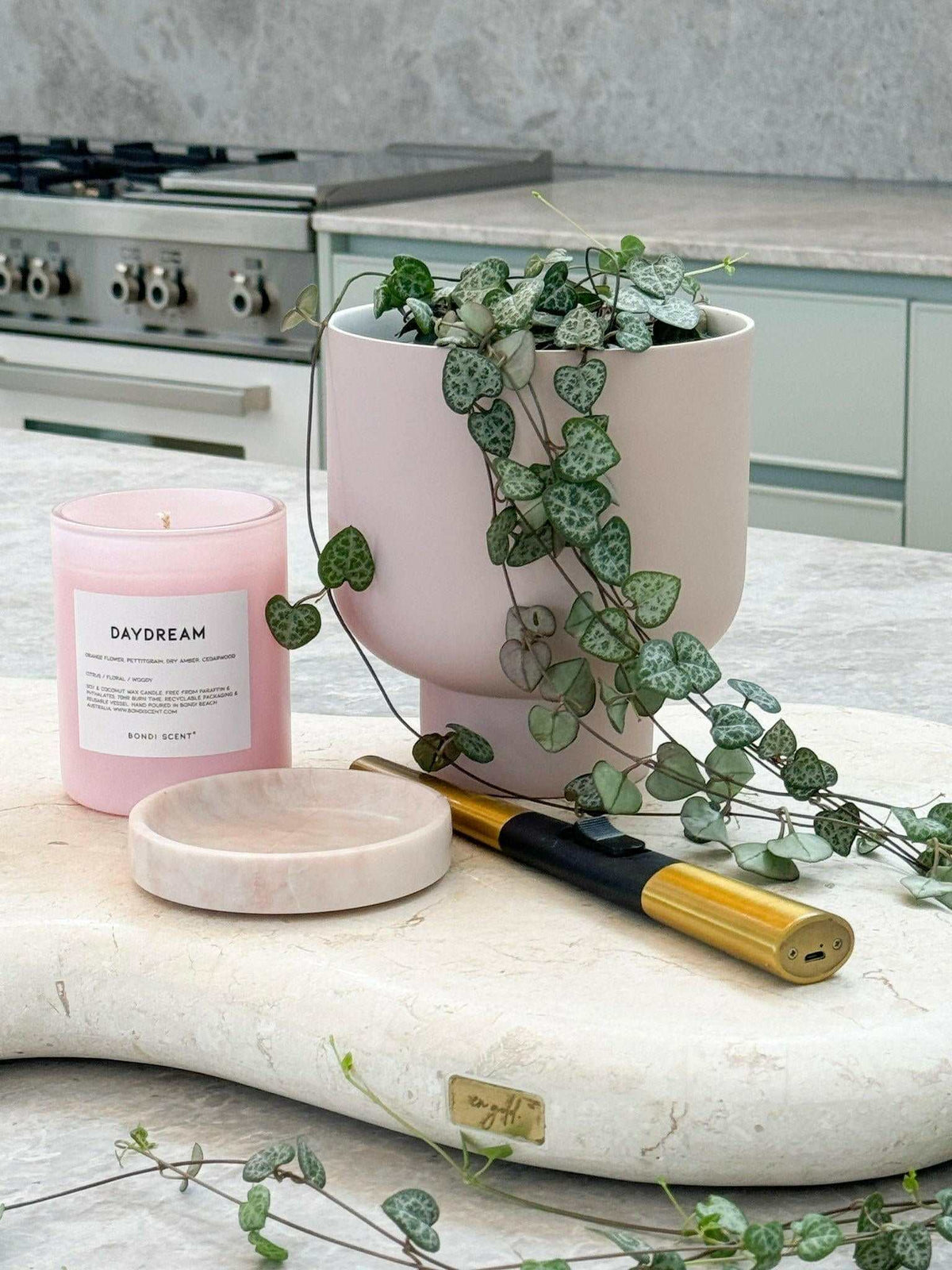 Fergus Planter nude porcelain with matte silicone exterior and high gloss interior holding trailing green plant on kitchen counter