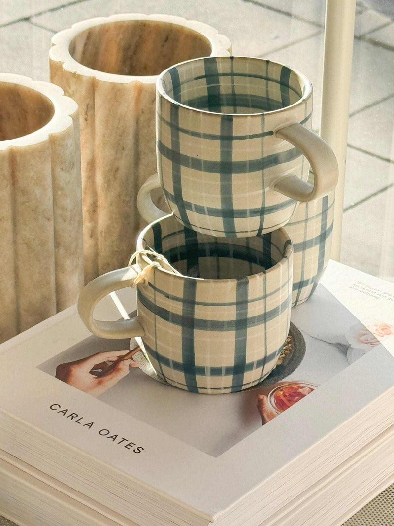 Robert Gordon Hand-Painted Mug with blue and beige tartan design stacked on a book by window light