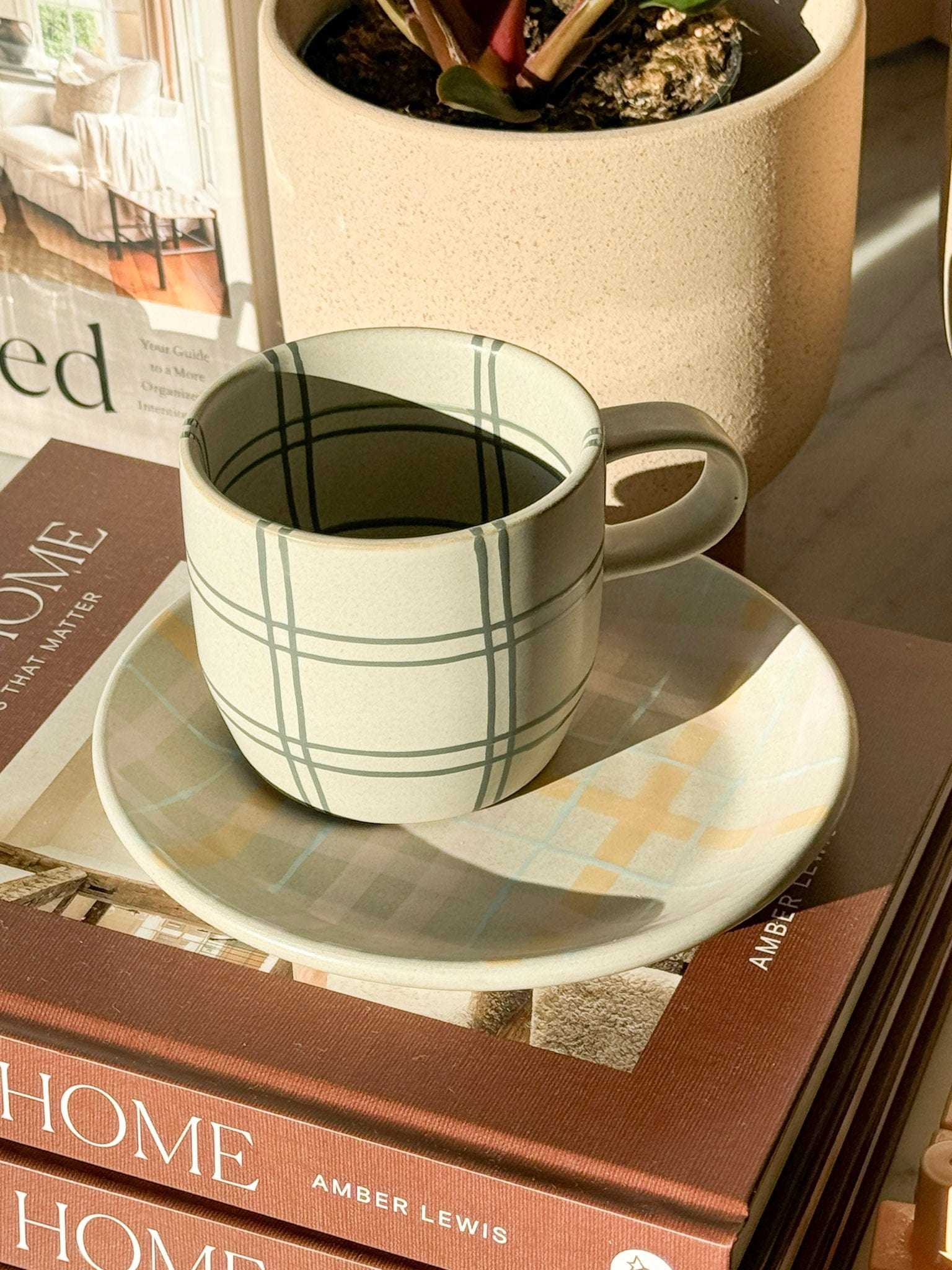 Robert Gordon hand-painted ceramic mug with tartan check pattern on matching saucer placed on books and near a plant pot