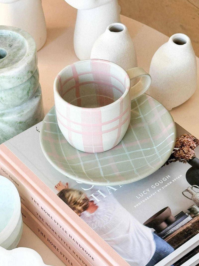 Robert Gordon Hand-Painted Mug with pink and green tartan pattern on ceramic cup and saucer set