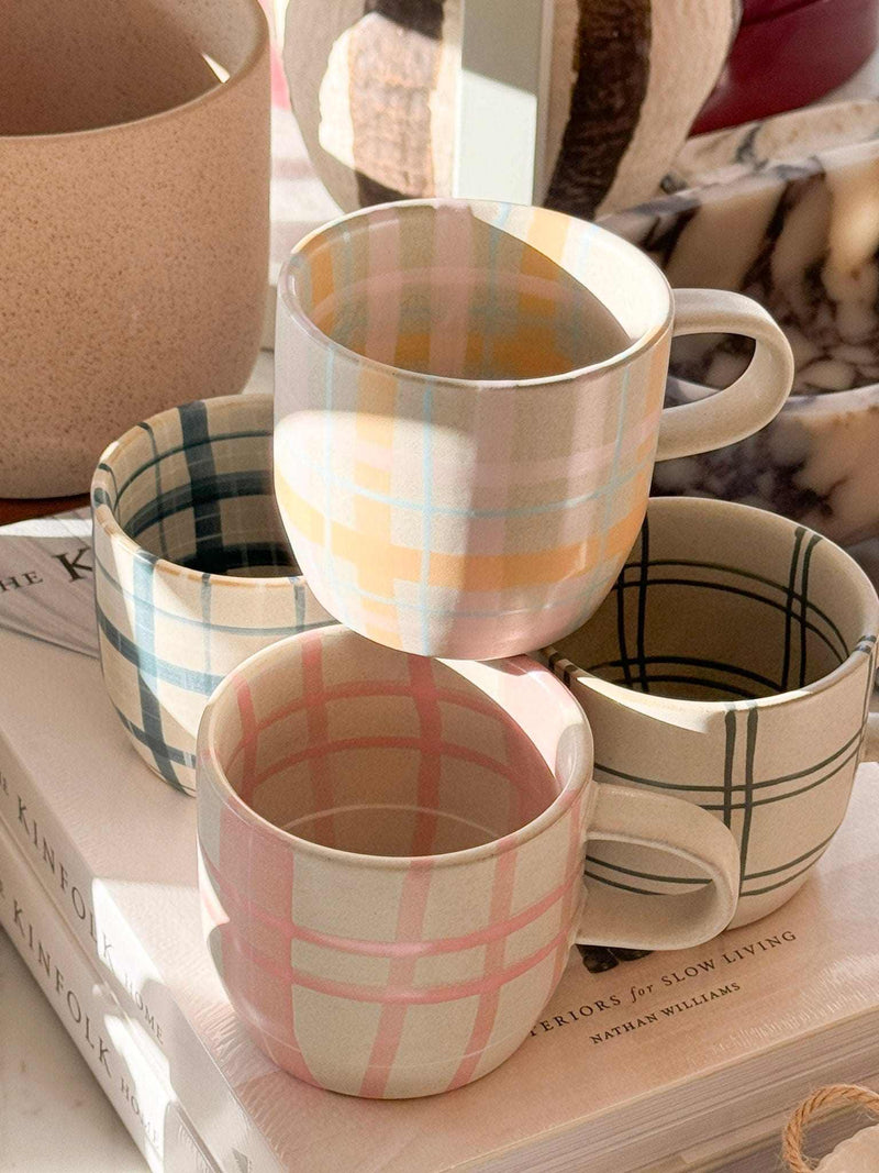 Robert Gordon hand-painted ceramic mugs with pastel tartan and gingham patterns, 350ml capacity, microwave and dishwasher safe.