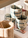Robert Gordon hand-painted ceramic mugs with blue and beige tartan check pattern and sturdy handles