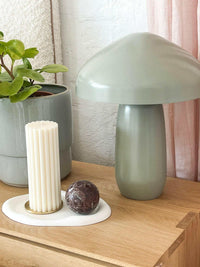 Easton Curve Lamp with Pantone Elm iron base and curved shade on wooden table.