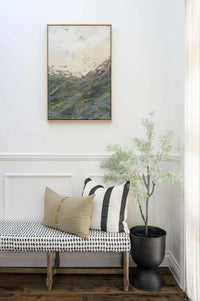 Prudence De Marchi ARCADIA Fine Art Canvas Print "Finding The Way" hanging above bench with pillows and potted plant in minimalist room
