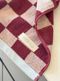 norsu STUDIO Cotton Tea & Hand Towel – Burgundy & Blush Checkerboard