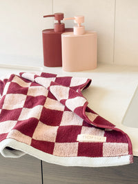 norsu STUDIO Cotton Tea & Hand Towel – Burgundy & Blush Checkerboard