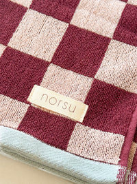 norsu STUDIO Cotton Tea & Hand Towel – Burgundy & Blush Checkerboard