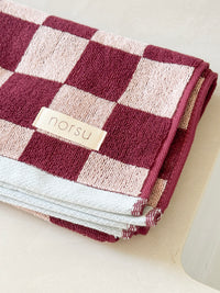 norsu STUDIO Cotton Tea & Hand Towel – Burgundy & Blush Checkerboard