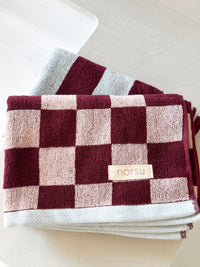 norsu STUDIO Cotton Tea & Hand Towel – Blue & Burgundy Stripe
