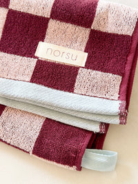 norsu STUDIO Cotton Tea & Hand Towel – Burgundy & Blush Checkerboard