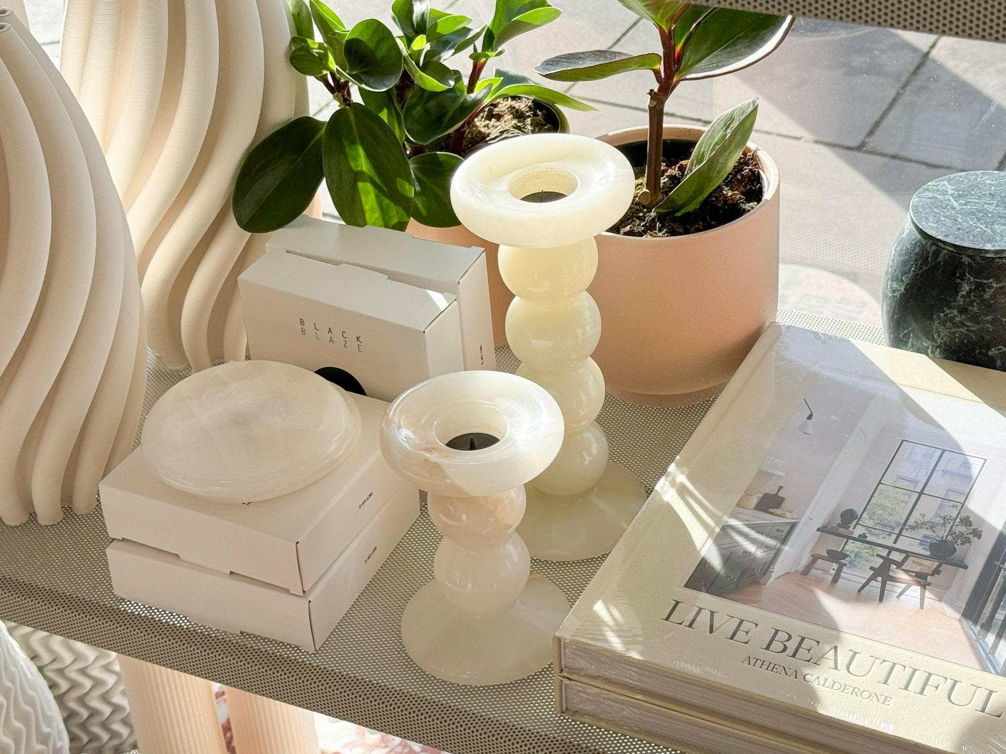 Black Blaze White Onyx Marble Handmade Natural Stone Coaster Set of 2 on table with plants and decor