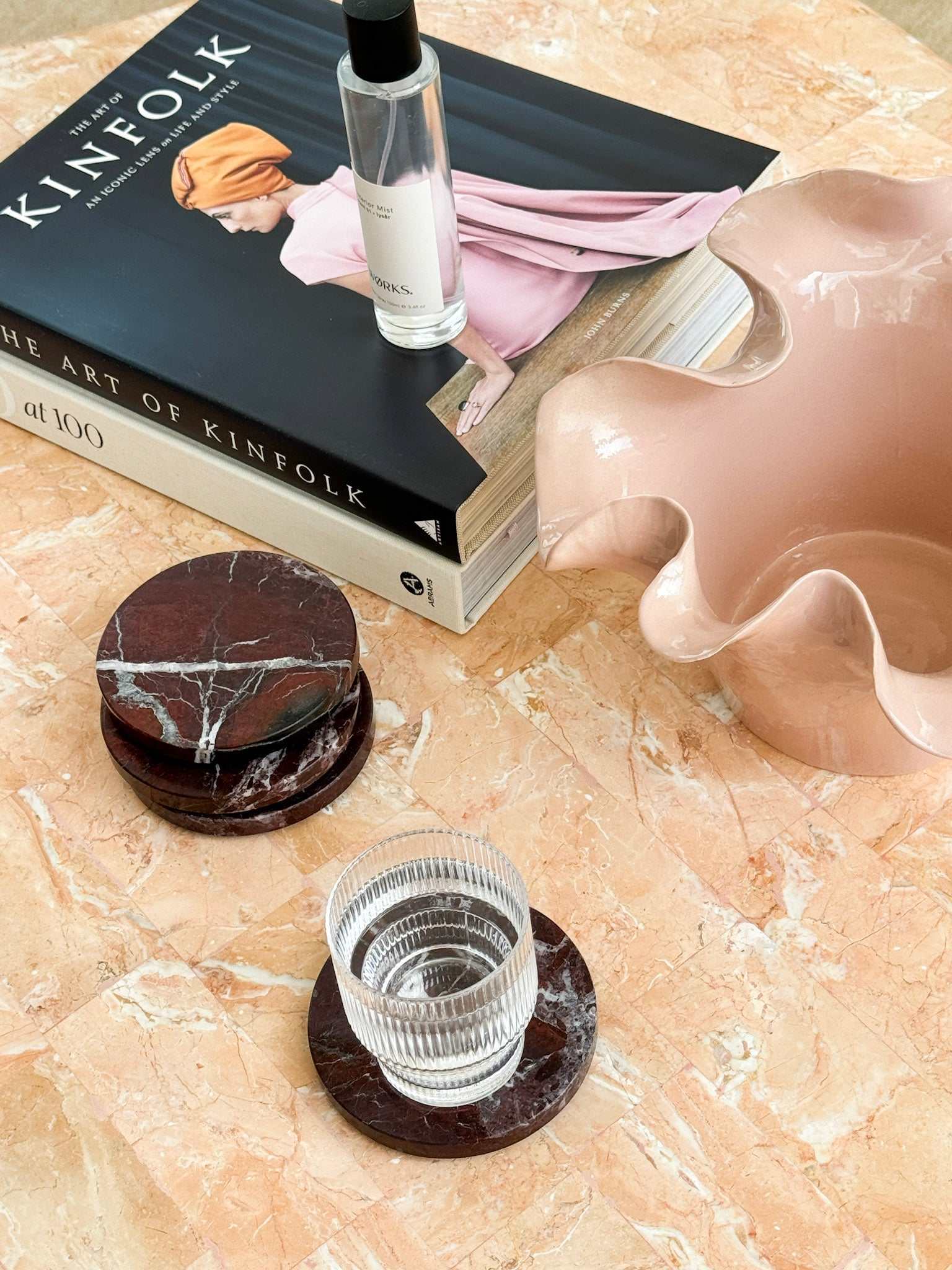 norsu STUDIO Duality Collection Rosso Levanto marble coasters set of two with burgundy tones and natural veining