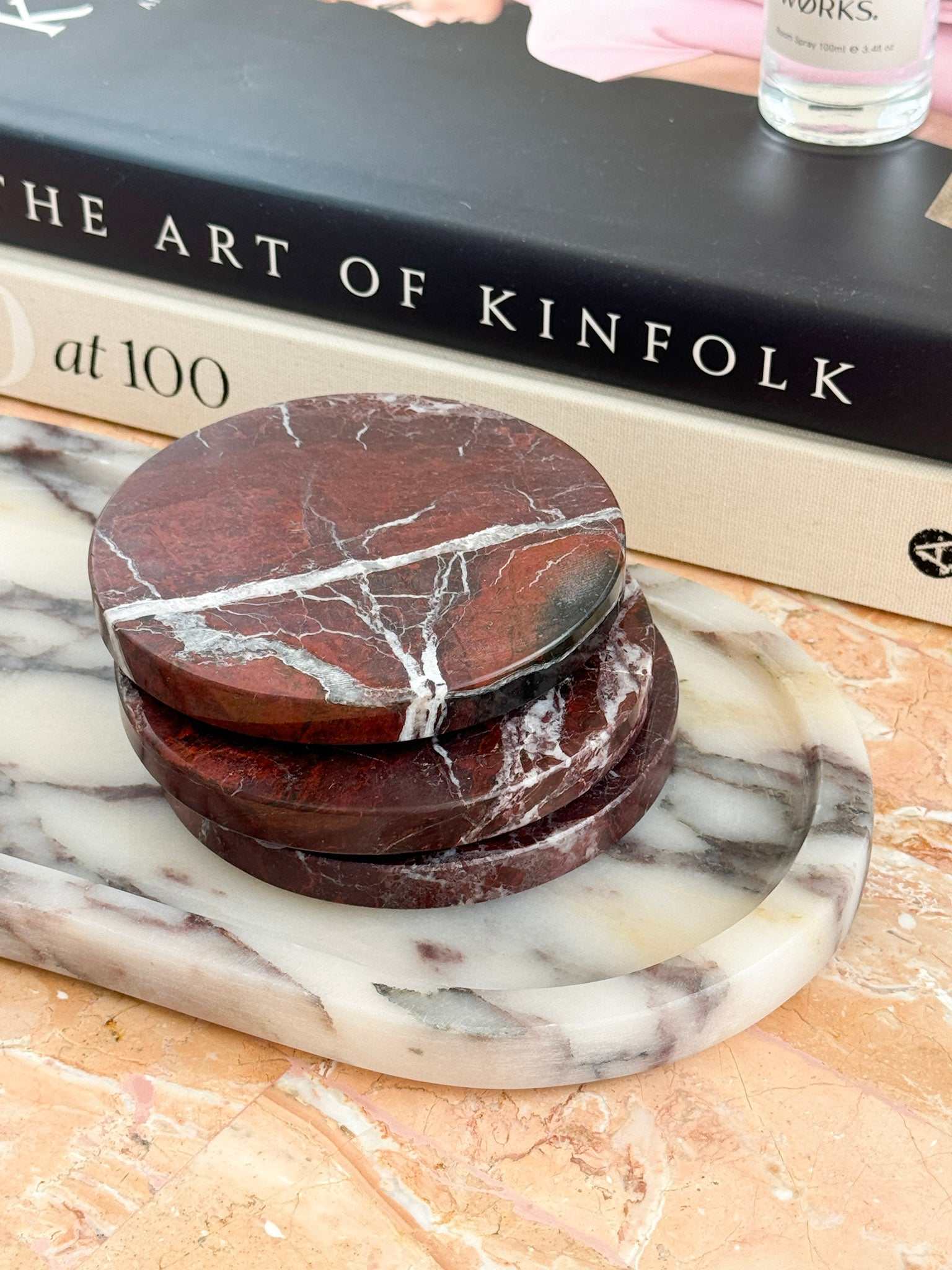 norsu STUDIO Duality Collection Rosso Levanto marble coasters set of two with burgundy veining