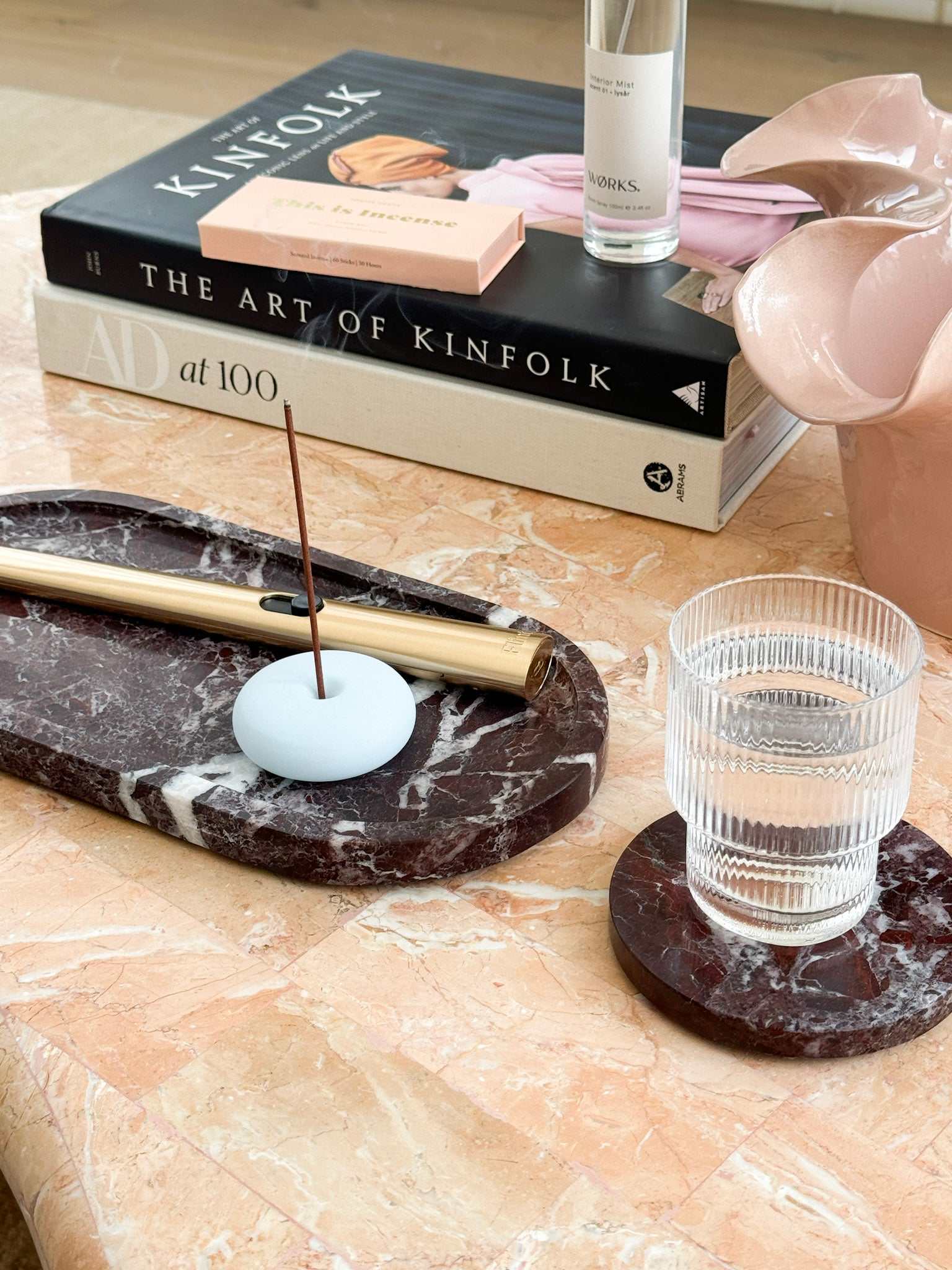 Duality Collection Oval Marble Tray Rosso Levanto with burgundy veining by norsu STUDIO