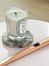 Set of four norsu STUDIO Duality Collection Viola marble coasters with purple veining and polished finish