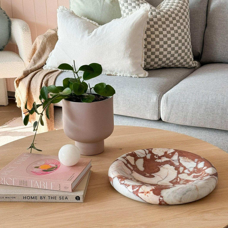 CoTheory Marble Tray Solstice large brown Calacatta on wooden table with modern decor