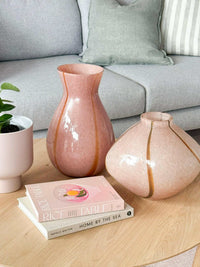 GlobeWest Boden Stripe Wide Vase in blush handblown glass with delicate stripe pattern on coffee table