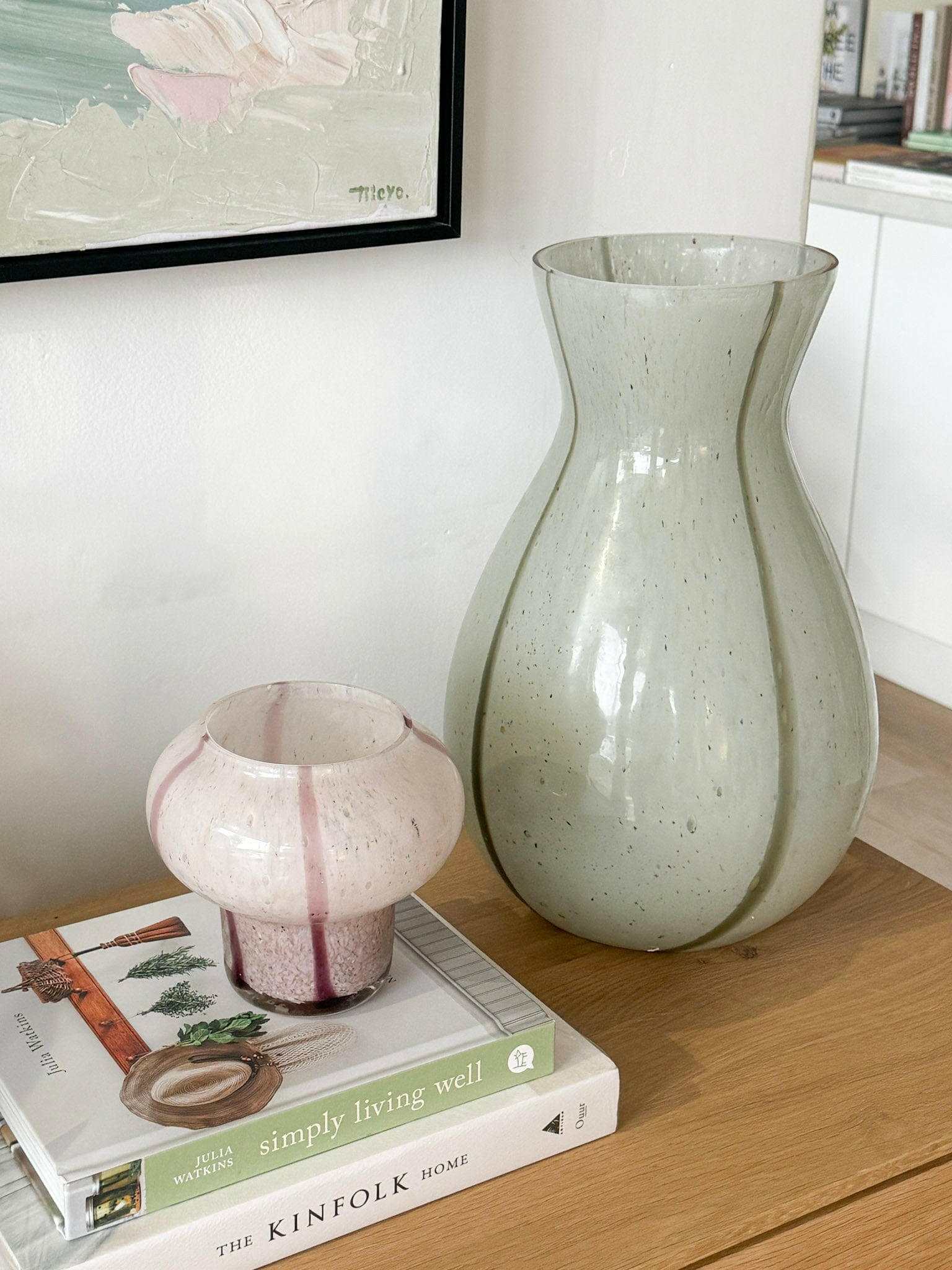 GlobeWest Boden Stripe Vase tall sage handblown glass decorative indoor vase with delicate stripe pattern