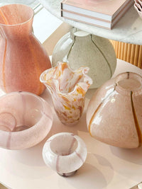 GlobeWest Boden Stripe Wide Vase in blush pink handblown glass with delicate stripes and classic silhouette for indoor decor