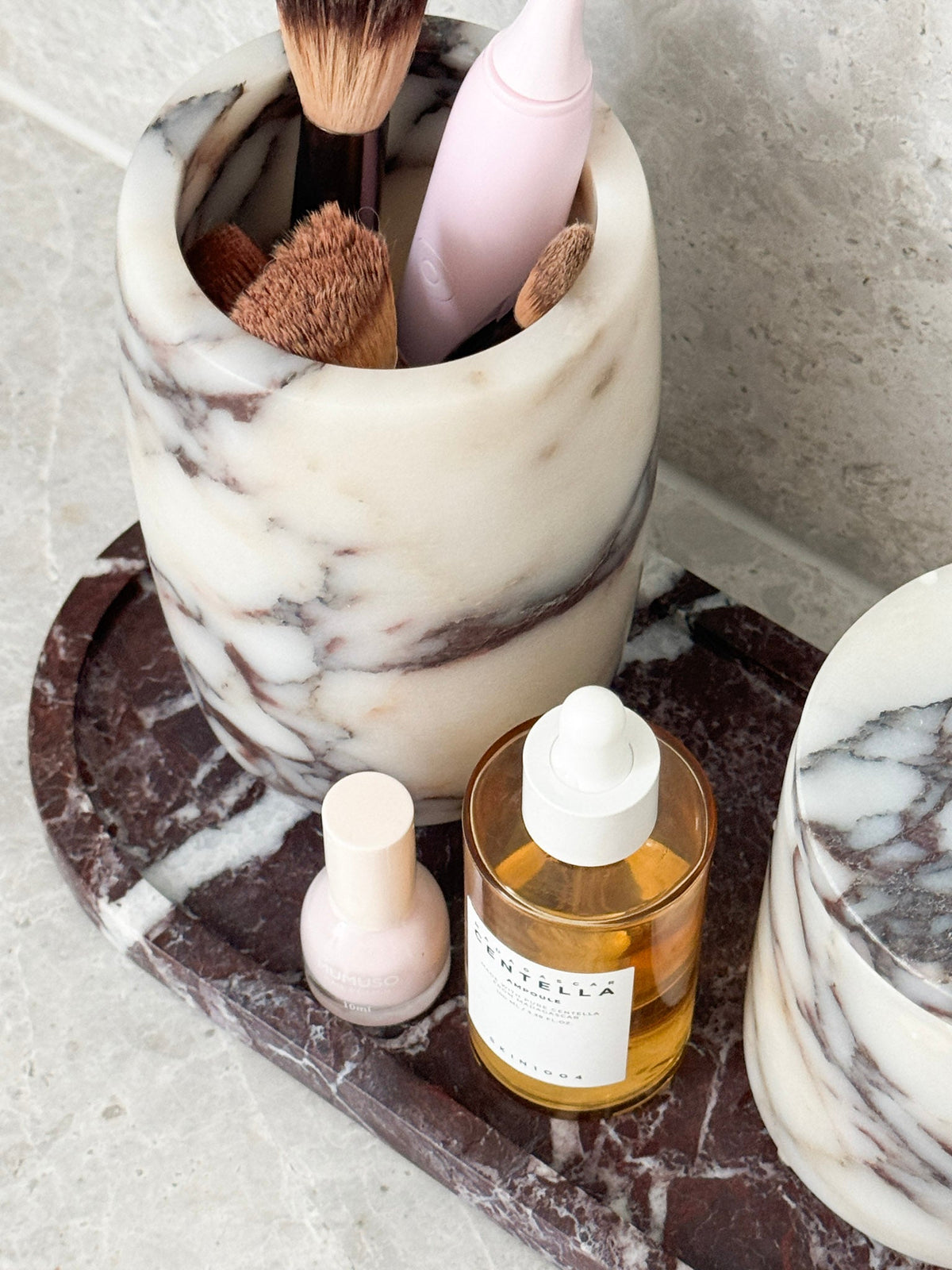 norsu STUDIO Marble Utensil Holder in Viola marble with lilac veining, versatile for kitchen or desk use