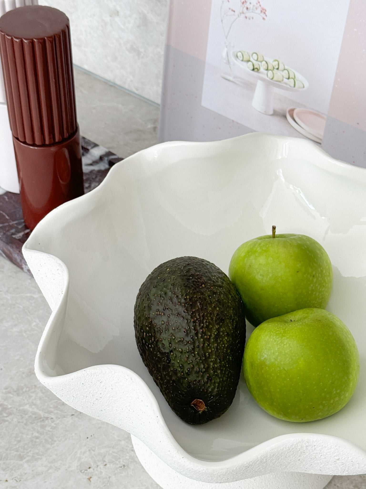 Ripple White Pedestal Bowl ceramic fruit bowl with glossy interior and textured exterior