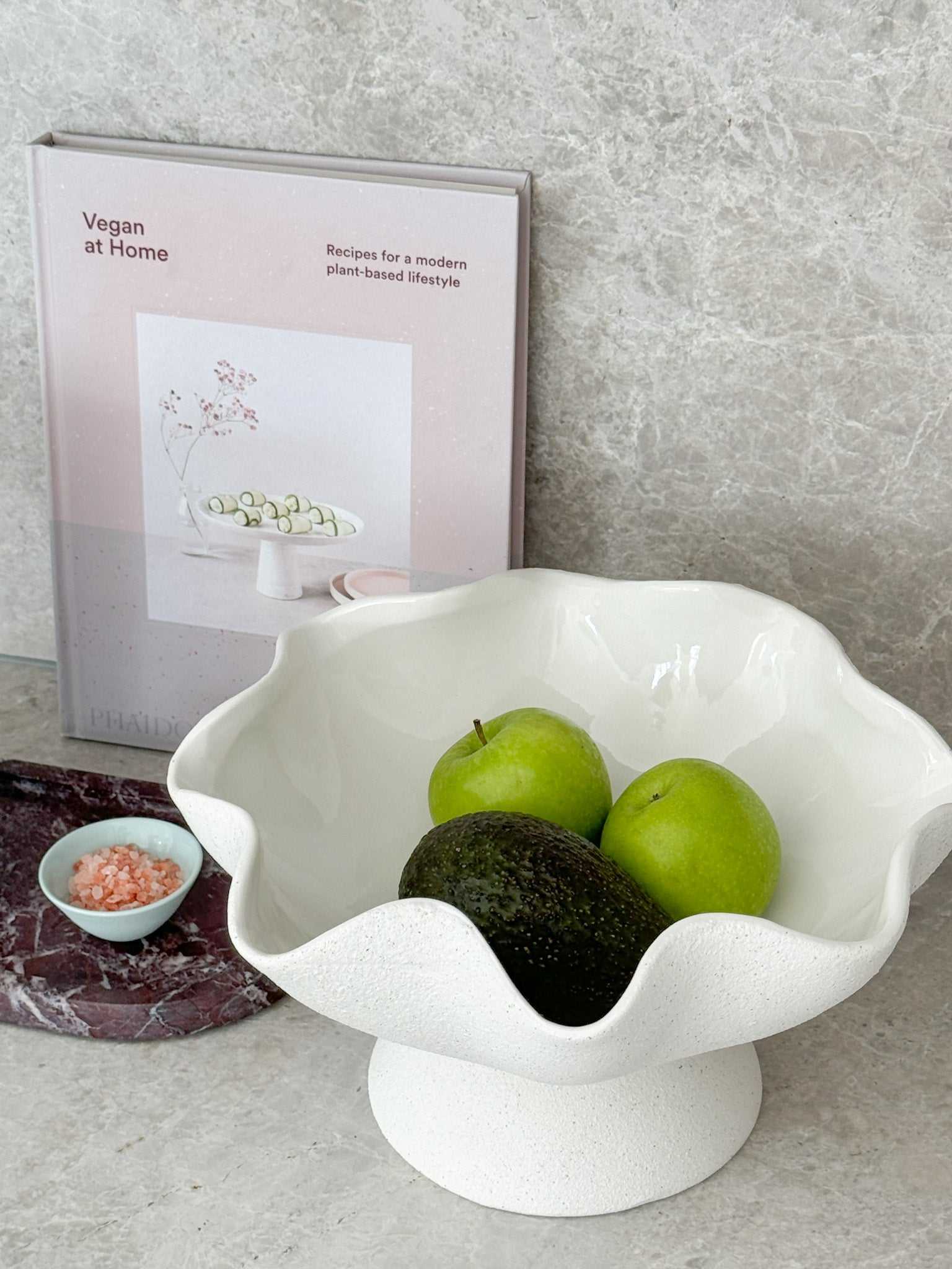 Ripple White Pedestal Bowl ceramic fruit bowl with glossy interior and textured exterior