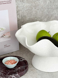 Ripple White Pedestal Bowl ceramic fruit bowl with glossy interior and textured exterior
