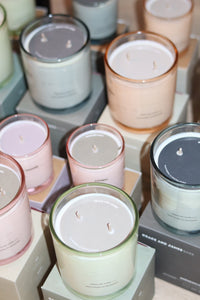 Grace and James BARE candles grouped in their coloured glass vessels