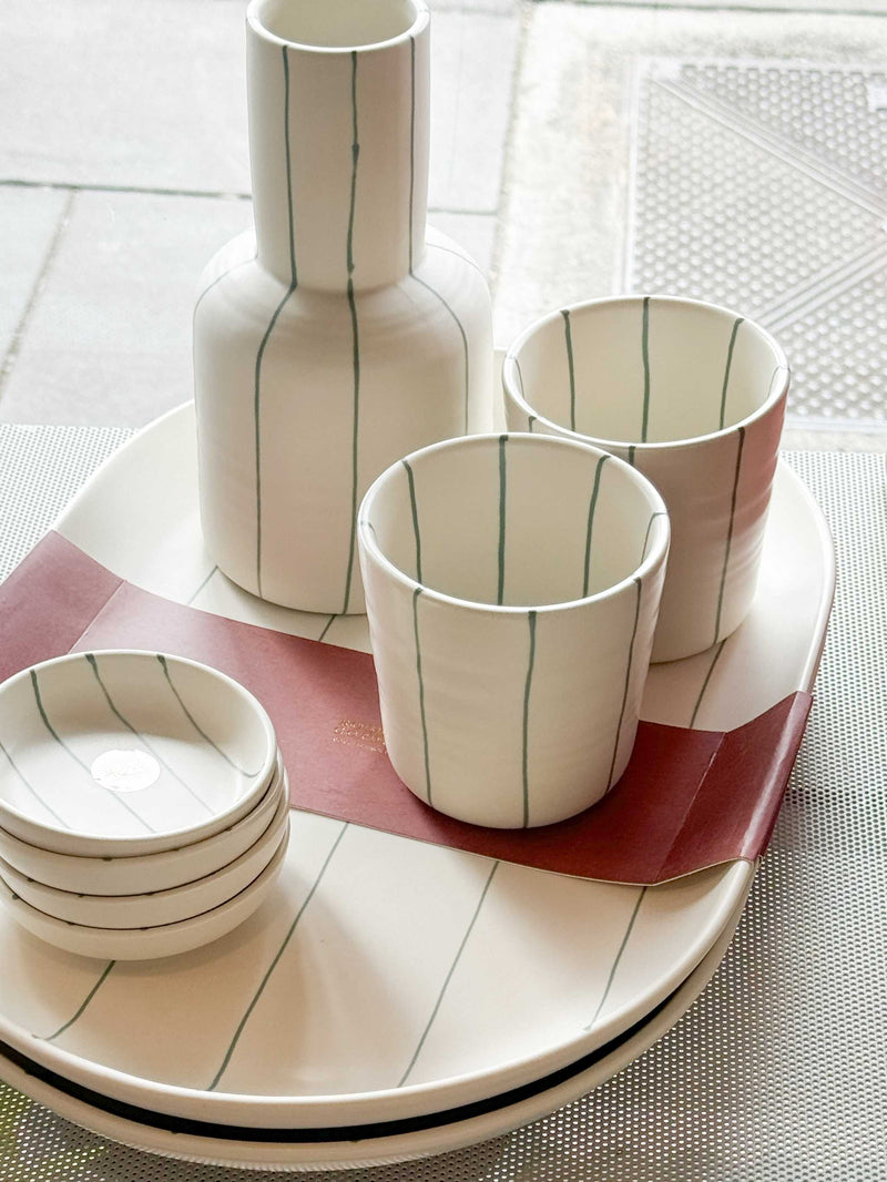 Hand-painted Coastal Junction collection cream condiment bowl with green stripes on ceramic tableware set