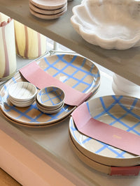 Coastal Junction Condiment Bowl stoneware with blue hand-painted check design stacked with matching plates