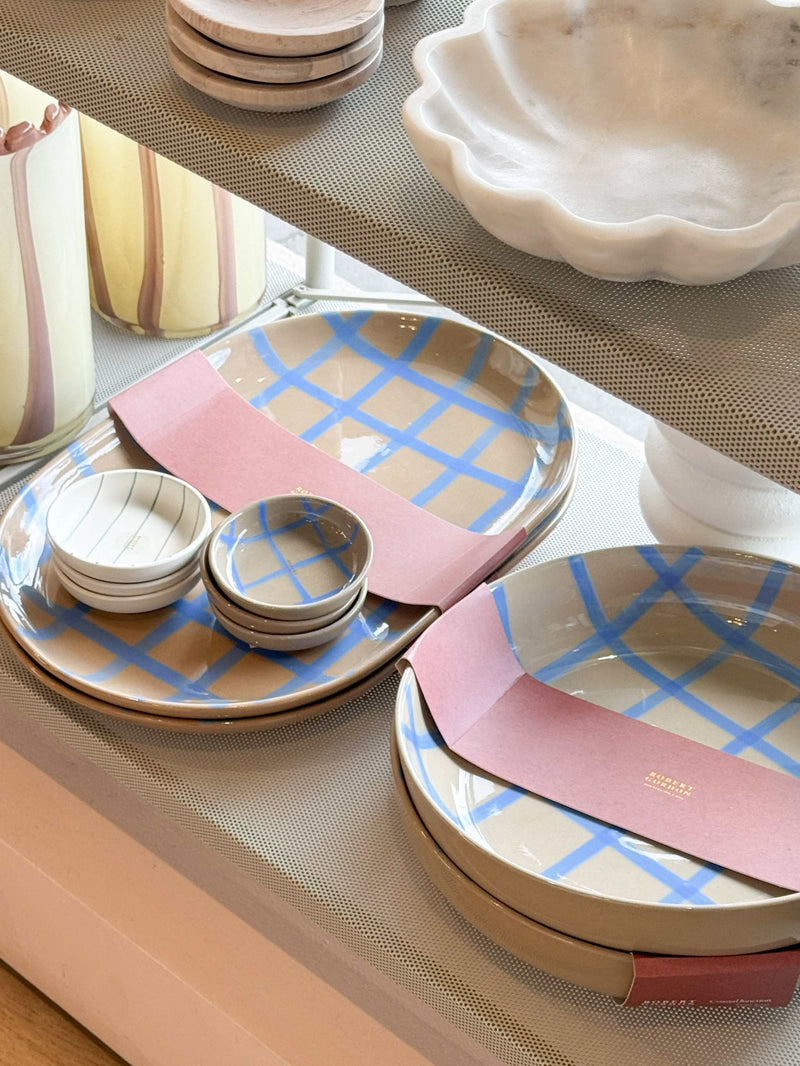 Coastal Junction Condiment Bowl stoneware with blue hand-painted check design stacked with matching plates