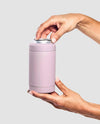 Hand holding mauve Beysis Drinks Cooler with a can being inserted, stainless steel cylindrical can cooler designed for 375ml cans and bottles