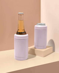 Mauve Beysis Drinks Cooler made of stainless steel with double-wall vacuum insulation for 375ml bottles and cans, featuring a built-in bottle opener and silicone lid.