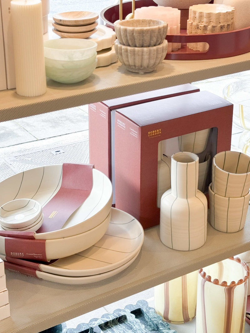 Coastal Junction 28cm salad bowl in cream with green stripe hand-painted stoneware bowl for serving salads and sides