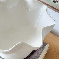 Ripple White Pedestal Bowl with glossy interior and textured exterior, ceramic fruit bowl with modern ripple design.