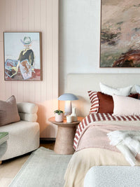 Oak framed Marcia Priestley 'Chaps II' signed canvas print 61x80cm in modern bedroom setting