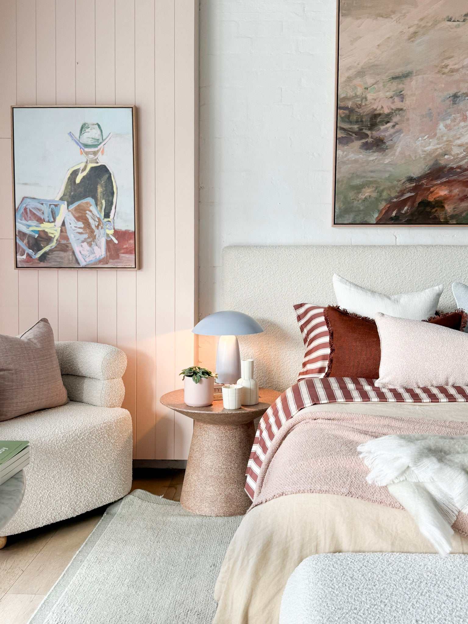 Marcia Priestley Limited Edition Fine Art Canvas Print Chaps II in floating oak frame displayed in modern bedroom interior