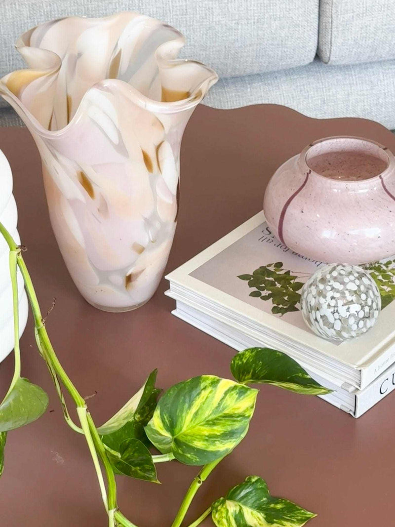 GlobeWest Boden Stripe lilac handblown glass bud vase on table with books and plants