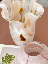 GlobeWest Boden Wave Vase in soft dawn color with wave design, handcrafted glass decorative piece for indoor use