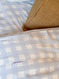 Mulberry Threads Sky Gingham bamboo sheet set with soft blue and white gingham pattern on eco-friendly bamboo fabric