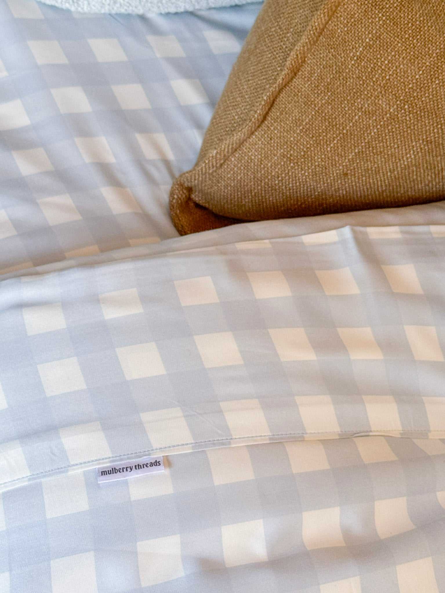Mulberry Threads Sky Gingham bamboo sheet set with soft blue and white gingham pattern on eco-friendly bamboo fabric