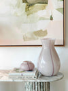 GlobeWest Boden Stripe large lilac vase with delicate striped design on marble table with decorative bowl and books