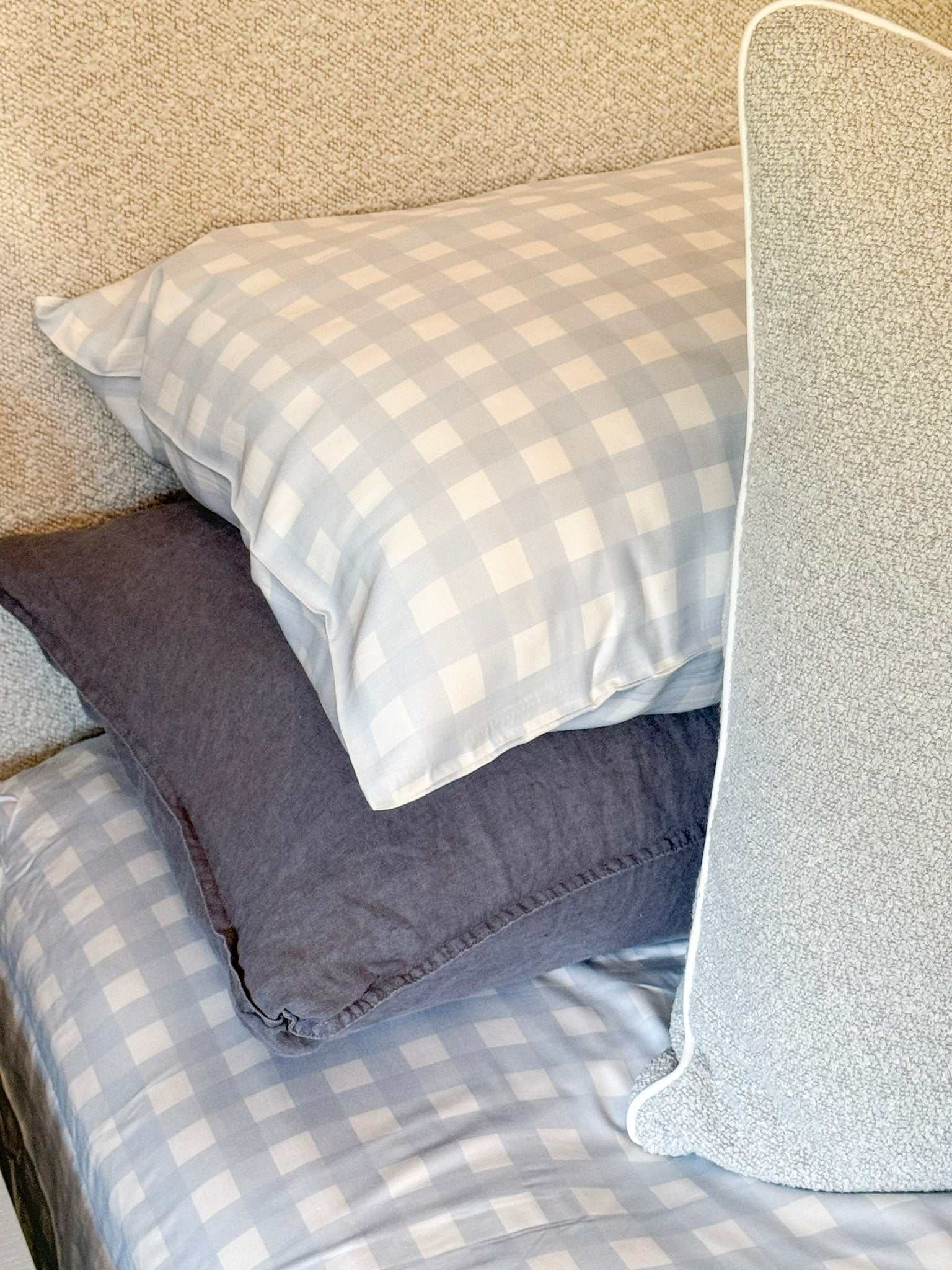 Mulberry Threads Sky Gingham bamboo sheet set with soft blue gingham pillowcases and eco-friendly organic fabric