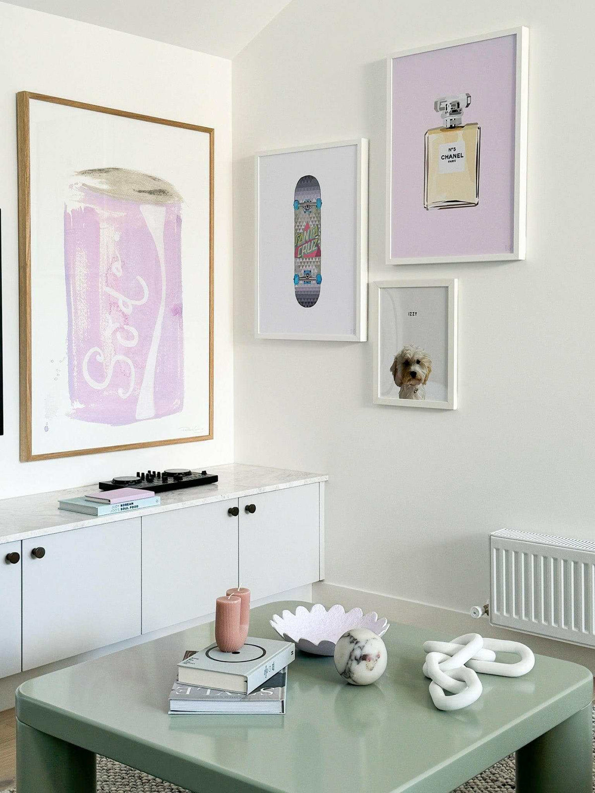 DG Designs Dom Gauci Pink Parfum kids art print displayed in modern living room with pastel decor