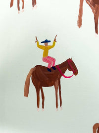 Lottie Rae Fine Art canvas print of abstract cowboy figure on brown horse with pink reins, framed in oak.